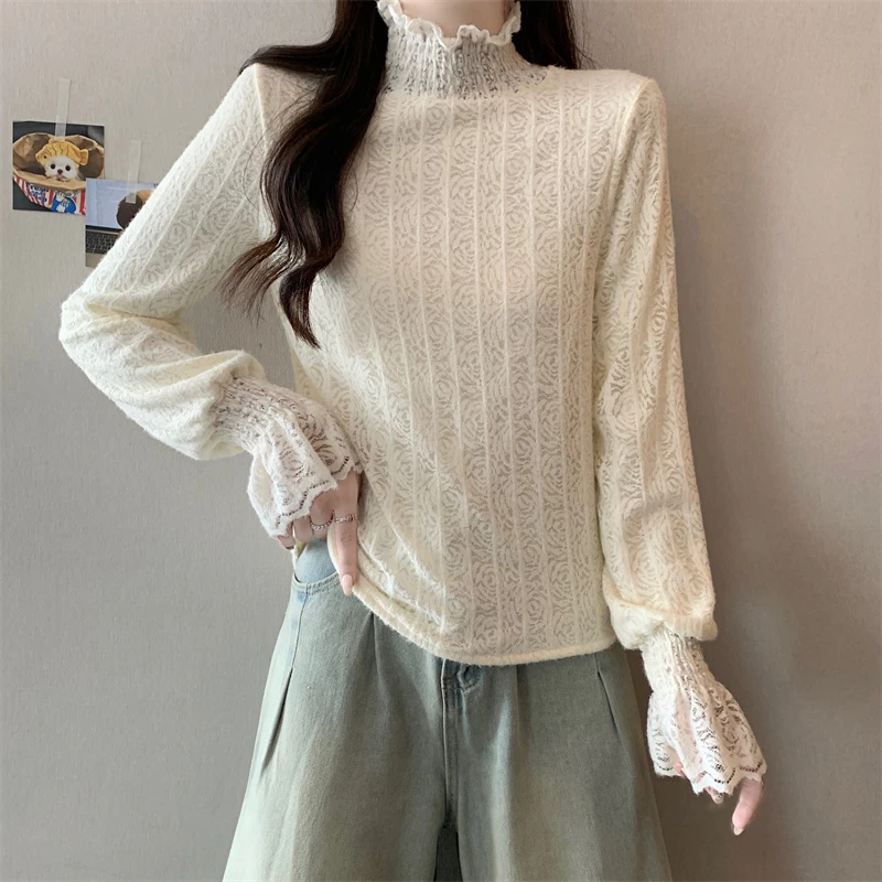 C-3422大码春季新款蕾丝衫保暖半高领加绒加厚长袖打底衫