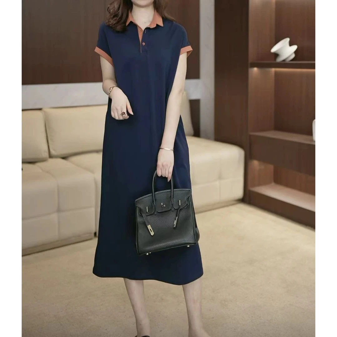 拼色翻领休闲遮肉气质显瘦宽松妈妈连衣裙polo领无袖过膝长裙2933