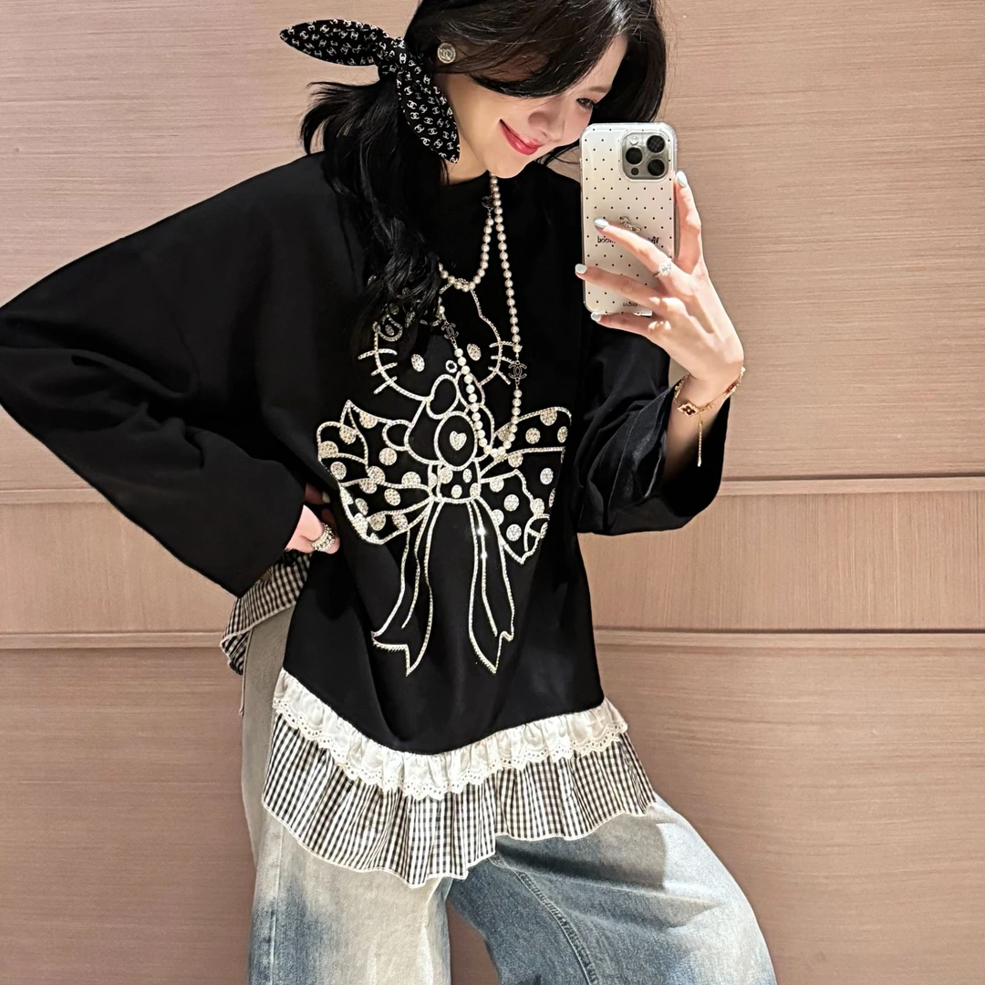 烫钻格子裙摆花边Kitty猫长袖2025新款春夏超重工磨毛宽松休闲