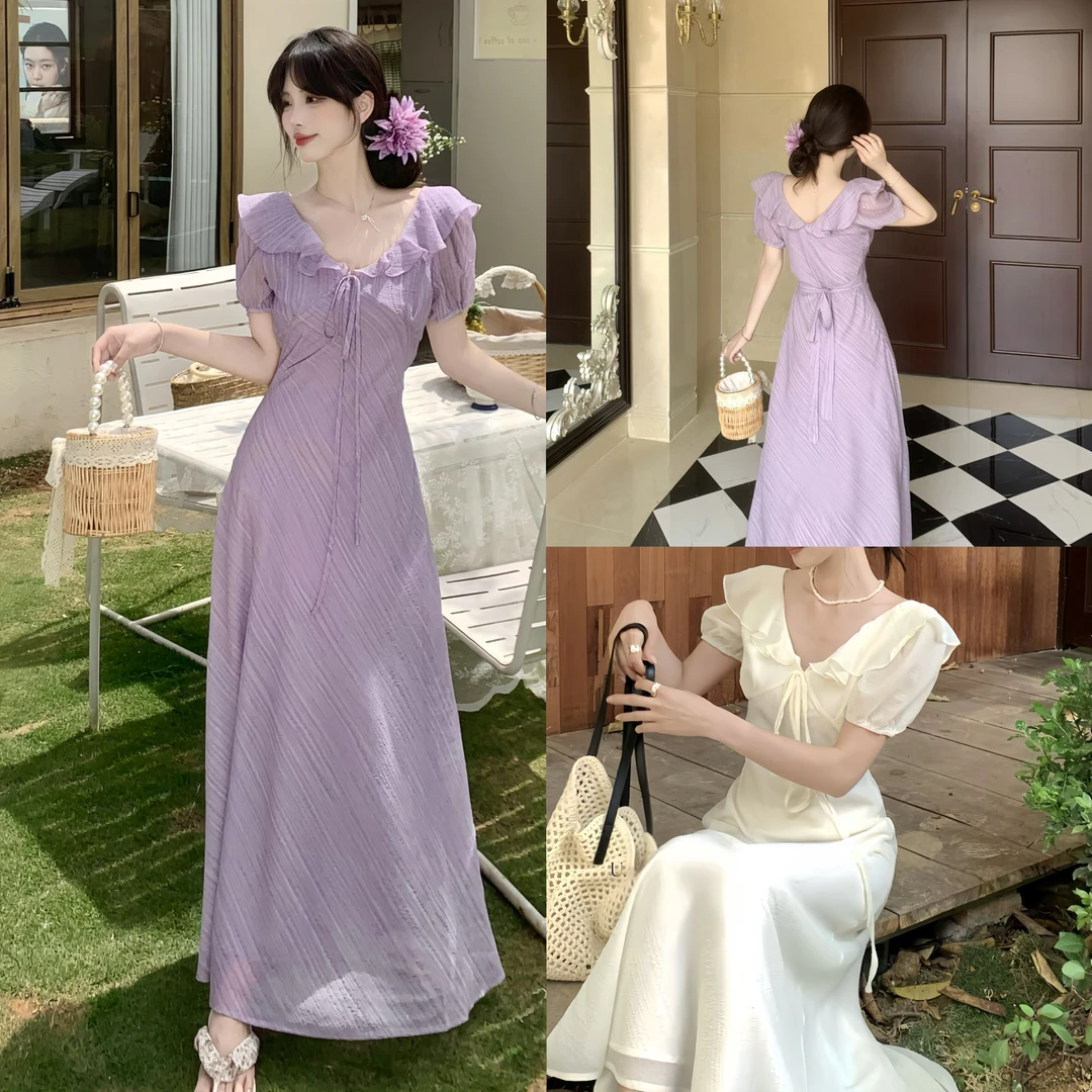 肌理感女后系带收腰长裙2025夏季新款温柔荷叶边V领泡泡袖连衣裙