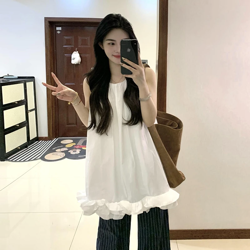 白色减龄压褶花边无袖背心裙女夏宽松显瘦法式温柔风花苞连衣裙子