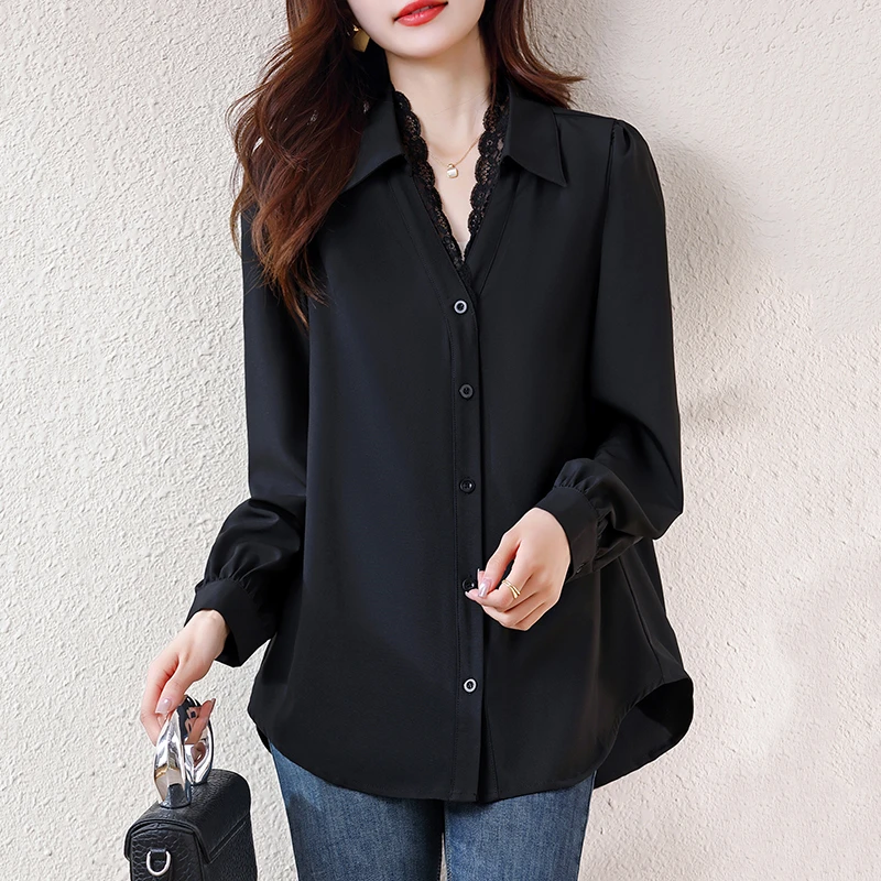 蕾丝拼接早春新款衬衫2025宽松大码休闲百搭显瘦遮肚上衣衬衣3337