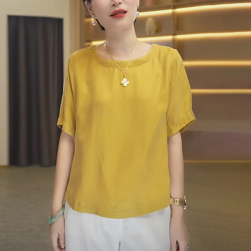 2025夏季新款黄色女士短袖T恤时尚减龄宽松显瘦短款正肩体恤上衣