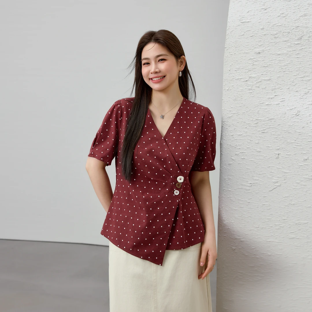 【南法花园】纤莉秀A大码女装复古设计感斜襟可开扣波点衬衫QK0868