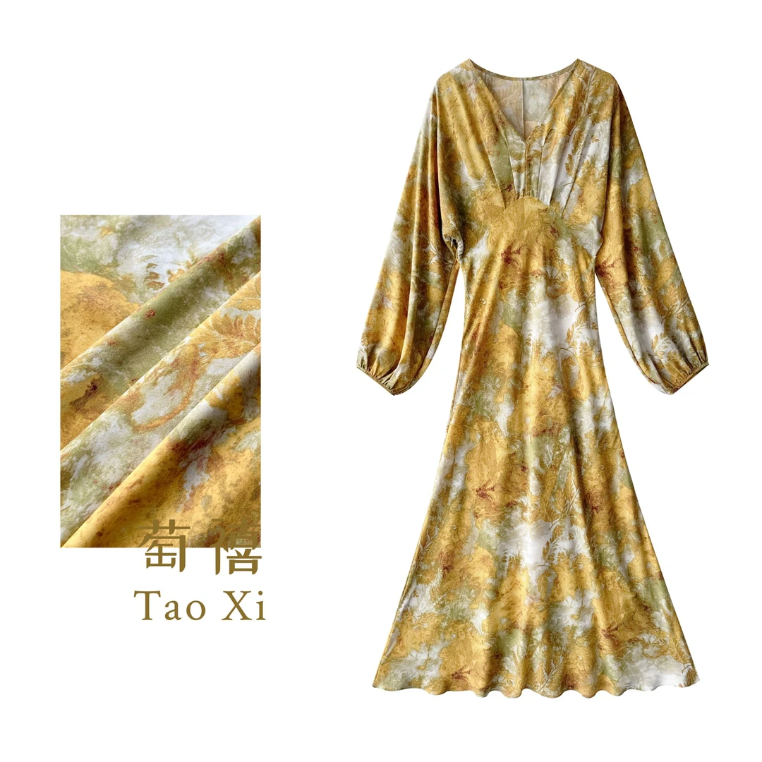 【有你】设计师时尚印花V领长袖气质显瘦优雅法式连衣裙TX05QZ6428