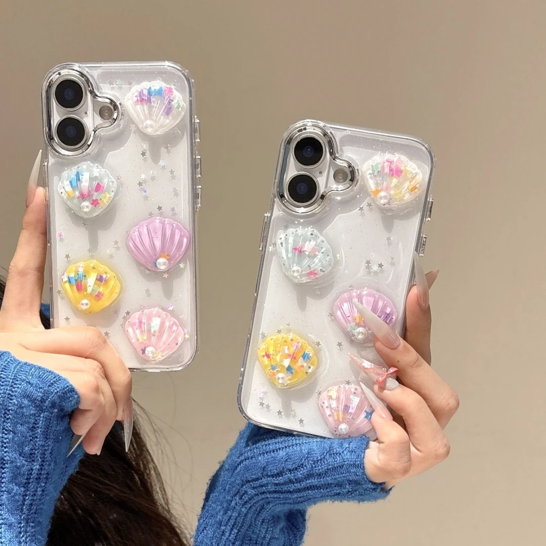 透明立体彩虹贝壳适用苹果手机壳系列iPhone16/15pro/14pro/13女