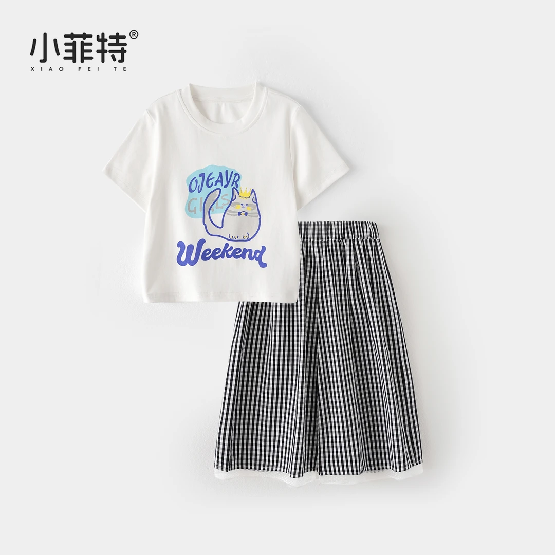 小菲特夏季新款女童薄款套装女宝短袖t恤格子短裤两件套BGTX51256