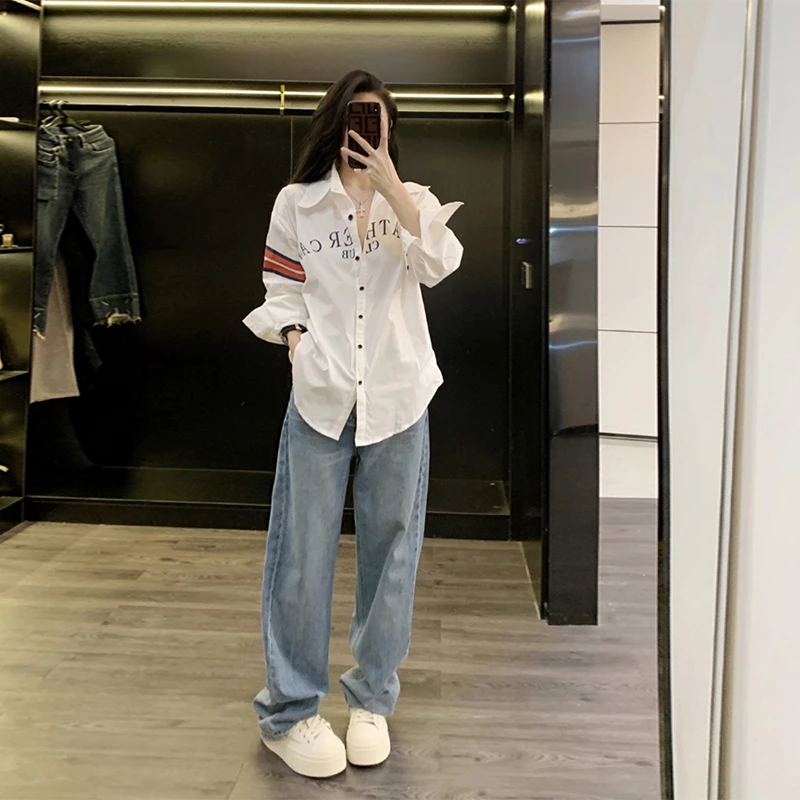 法式白色衬衫女春秋设计感小众宽松长袖百搭复古衬衣阔腿牛仔裤子