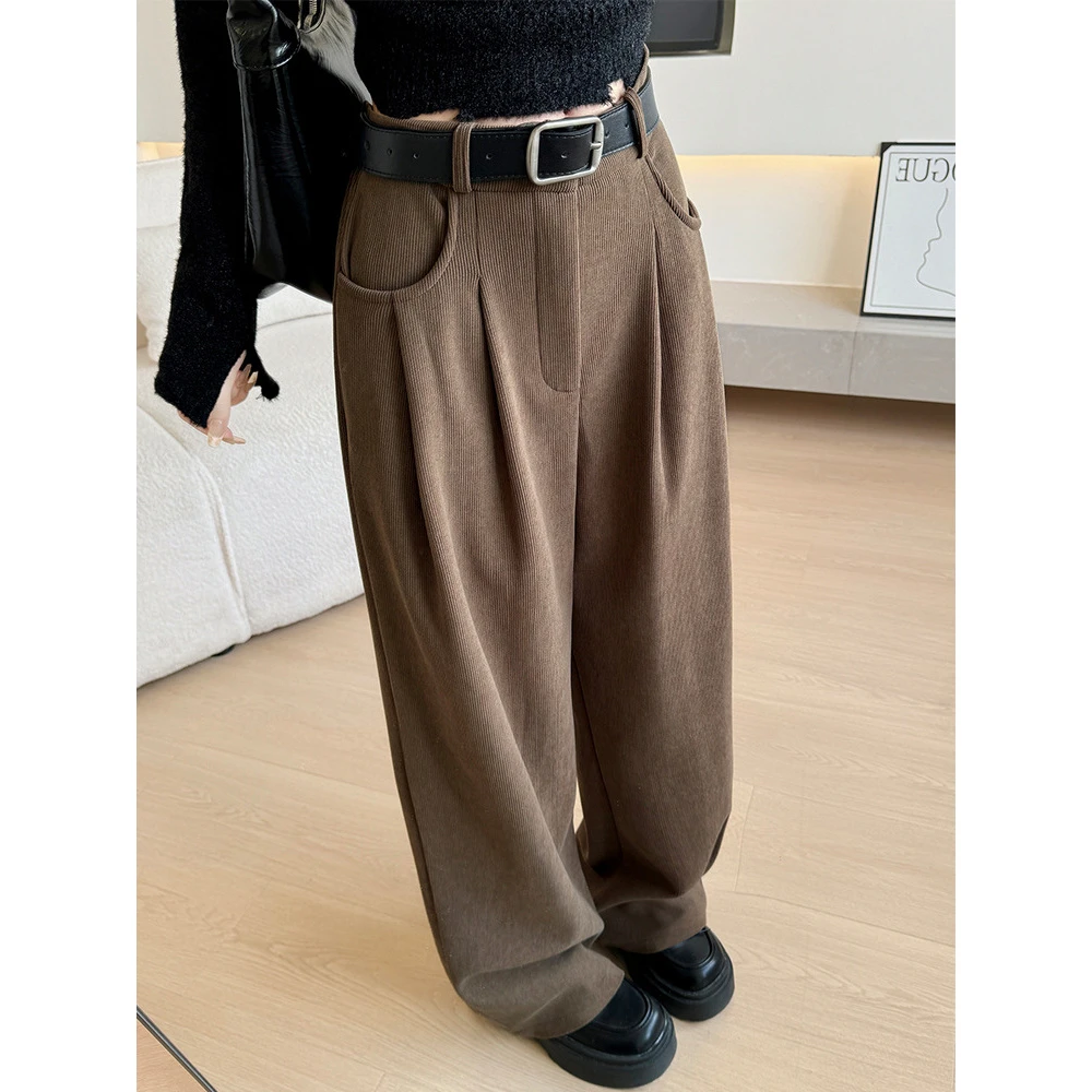 灯芯绒西装裤女春秋新款高腰显瘦垂感直筒裤休闲高级感窄版阔腿裤