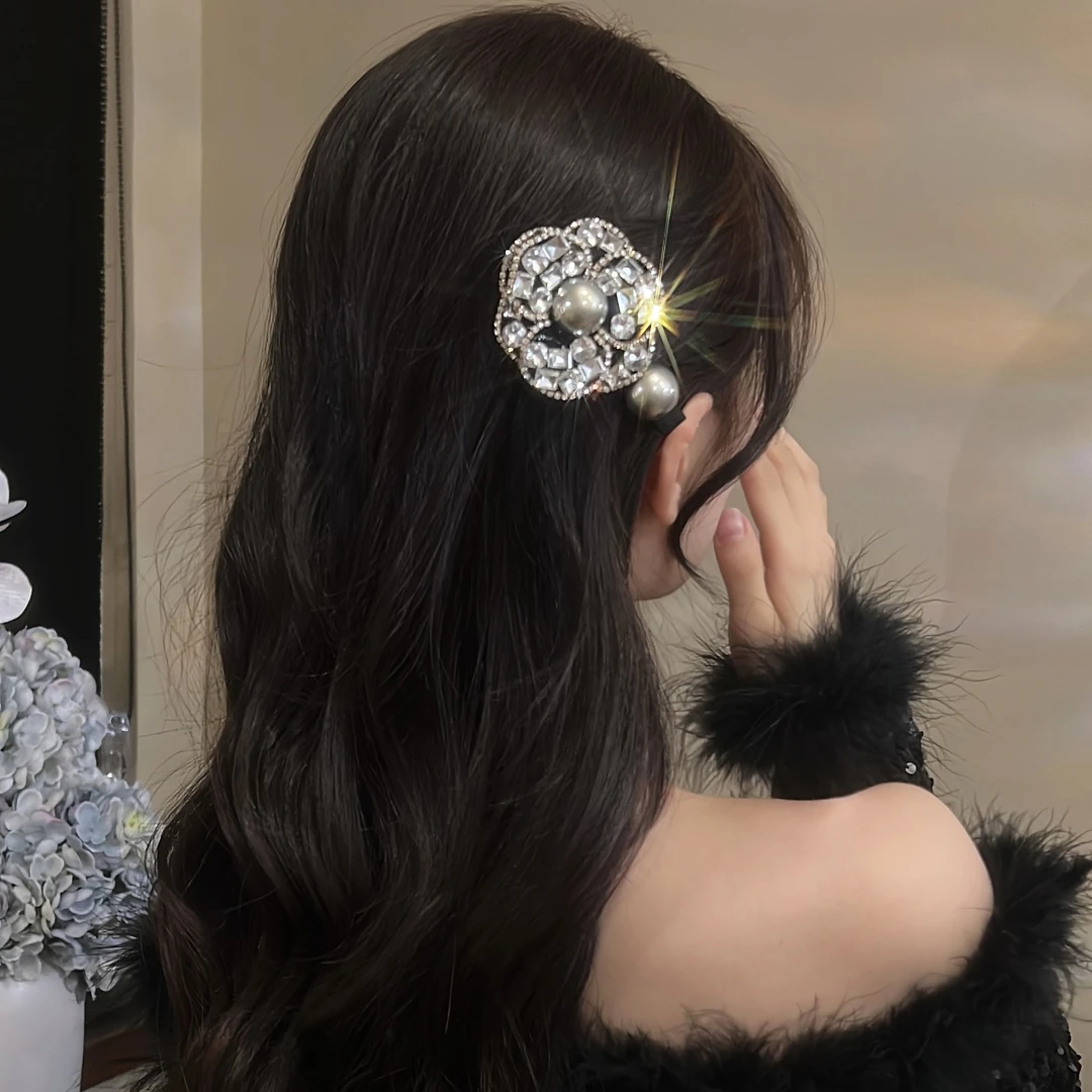 轻奢小香满钻山茶花发夹高级感时尚气质一字夹刘海夹