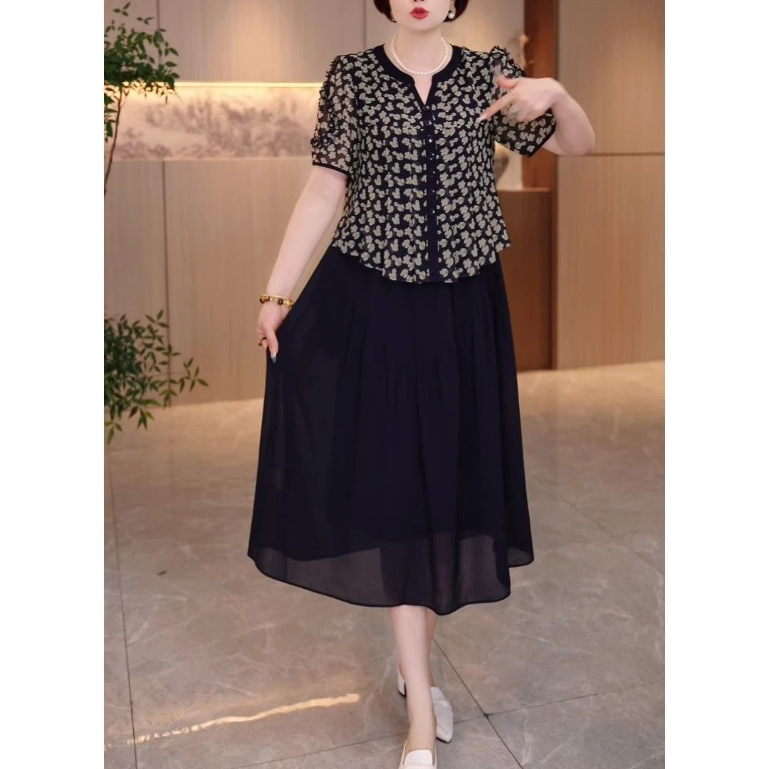 2025夏季新款显瘦遮肉大码连衣裙高级时尚妈妈假二件裙子新款