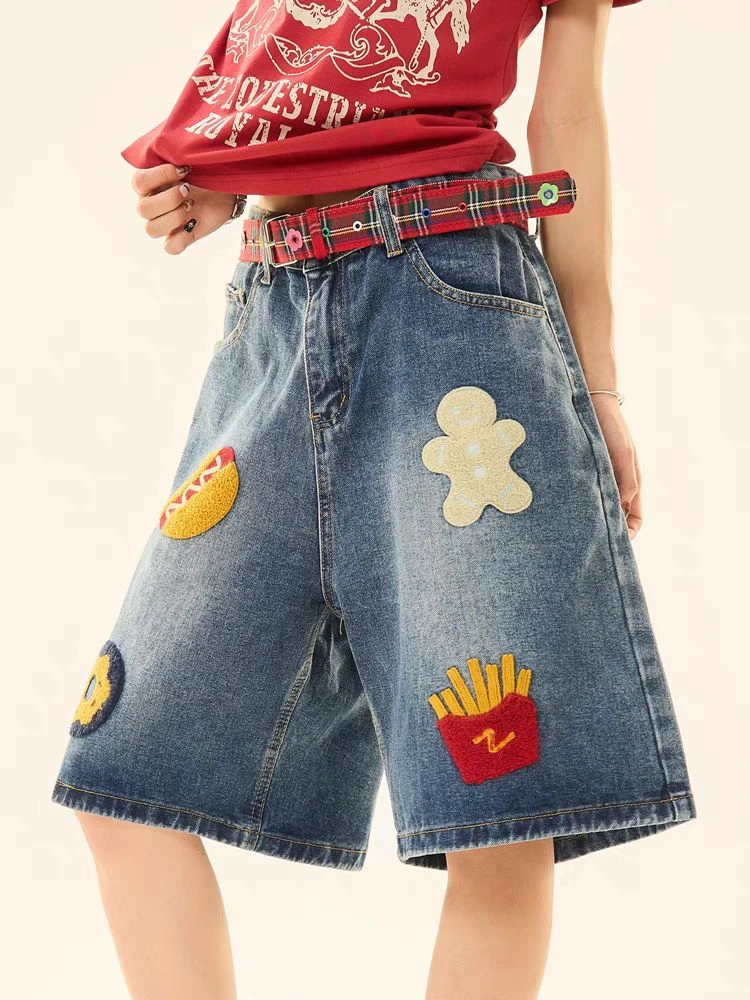 oversize美式复古「汉堡薯条毛巾绣牛仔短 裤男女情侣夏季五分裤子