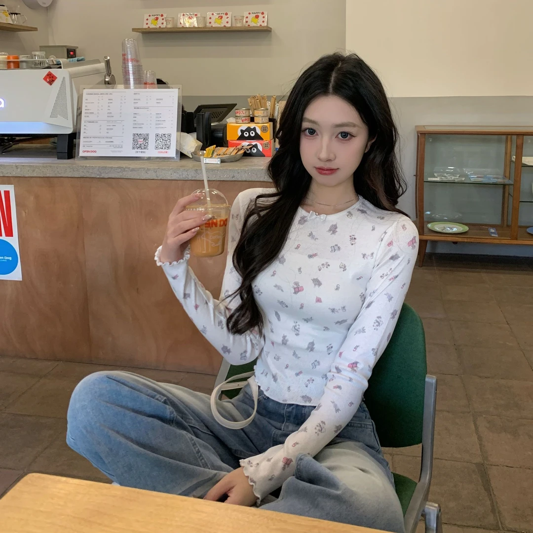 白色印花木耳边长袖+短袖女春秋内搭小个子修身纯欲短款上衣