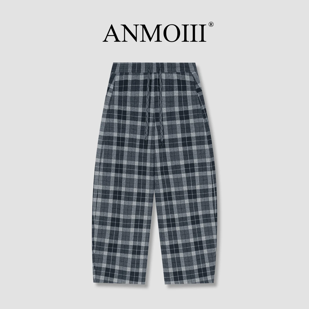 ANMOIII秋季新款垂感直筒阔腿裤百搭慵懒感松紧腰休闲弯刀格子裤