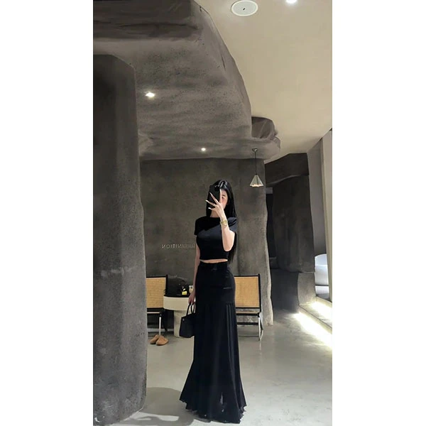 性感辣妹套装女夏季韩系气质短袖上衣穿搭休闲网纱鱼尾长裙子套装