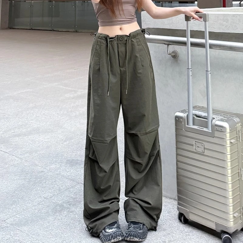 军绿色美式速干工装裤女2025新夏季薄款高腰抽绳登山裤子腿伞兵裤