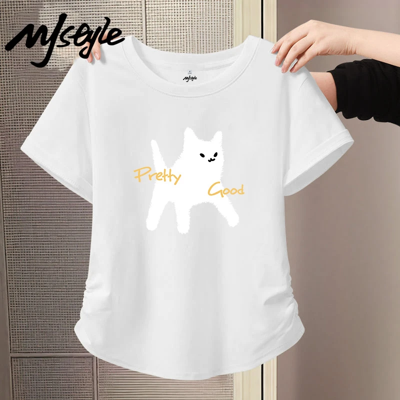 MJSTYLE修身抽褶短袖T恤女2025设计感圆领慵懒纯欲风女装半袖上衣