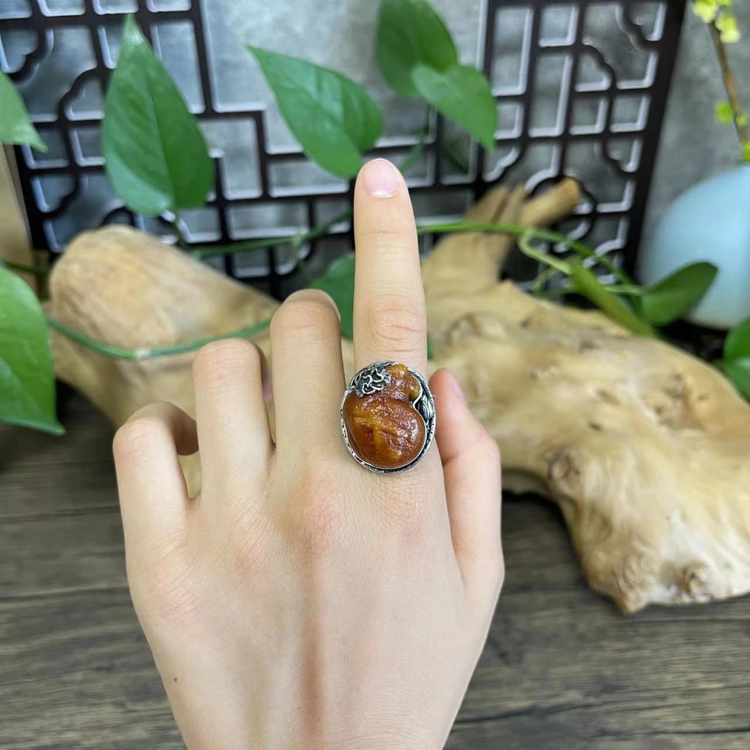LYliuyng海漂小原皮琥珀蜜蜡纯手工银镶嵌个性戒指原石蜜蜡银戒指
