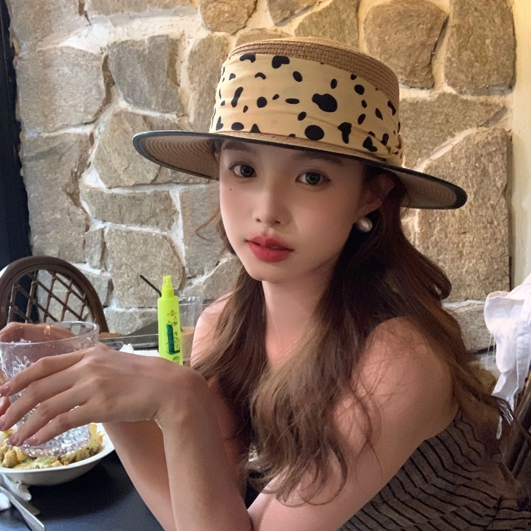 【我的头不圆】波点织带平顶草帽女夏季海边沙滩防晒遮阳优雅礼帽