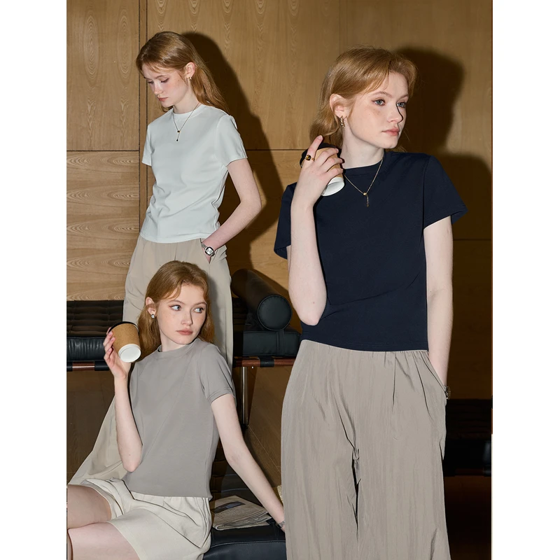 【莱赛尔】库恩玛维基础短袖T恤女2025年夏新款简约百搭纯色上衣