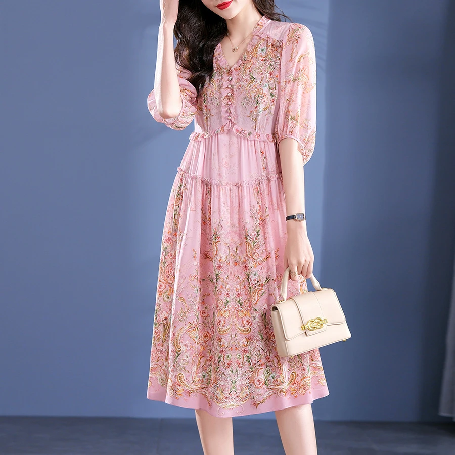 超重工减龄花边真丝印花中长款大摆连衣裙裙子收腰款
