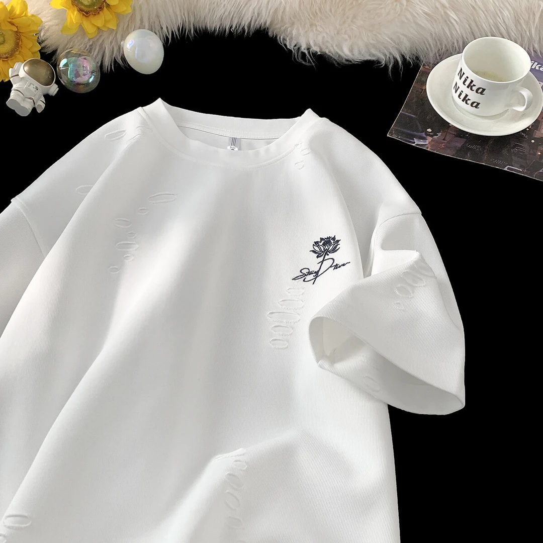 破洞风短袖2025夏季男新款美式潮牌花朵刺绣T恤宽松百搭休闲上衣