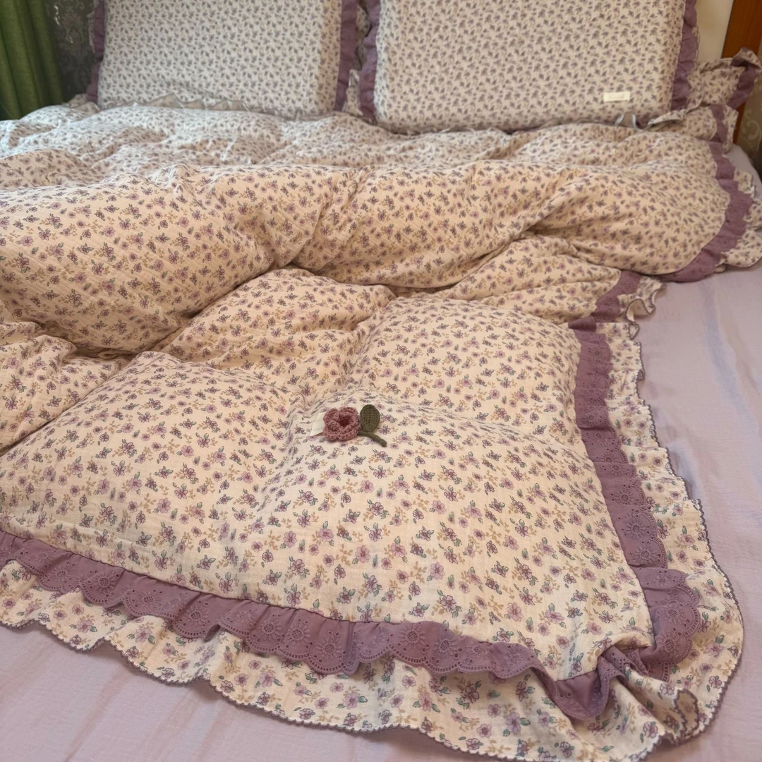 重工艺60支全棉皱皱纱布四件套A类纯棉法式双层花边碎花被套床单4