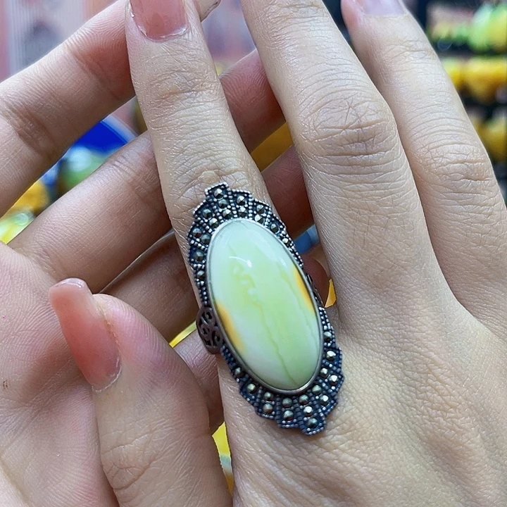 蜜蜡银S925镶嵌裸石戒指