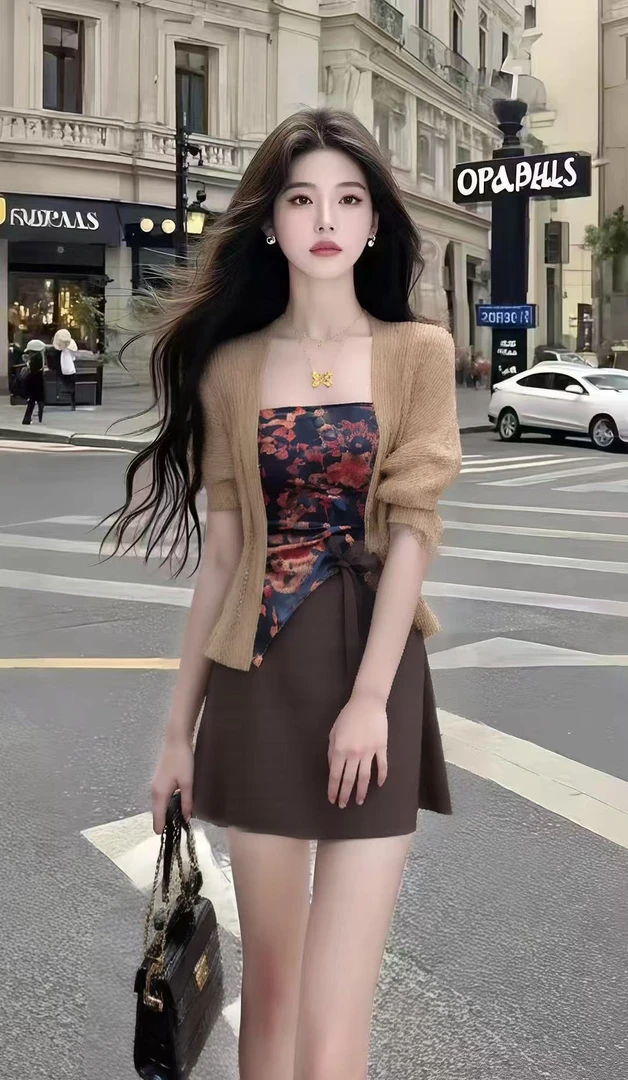 轻奢高端大气时尚碎花一字肩抹胸上衣+棕色半身裙+亚麻色百搭开衫