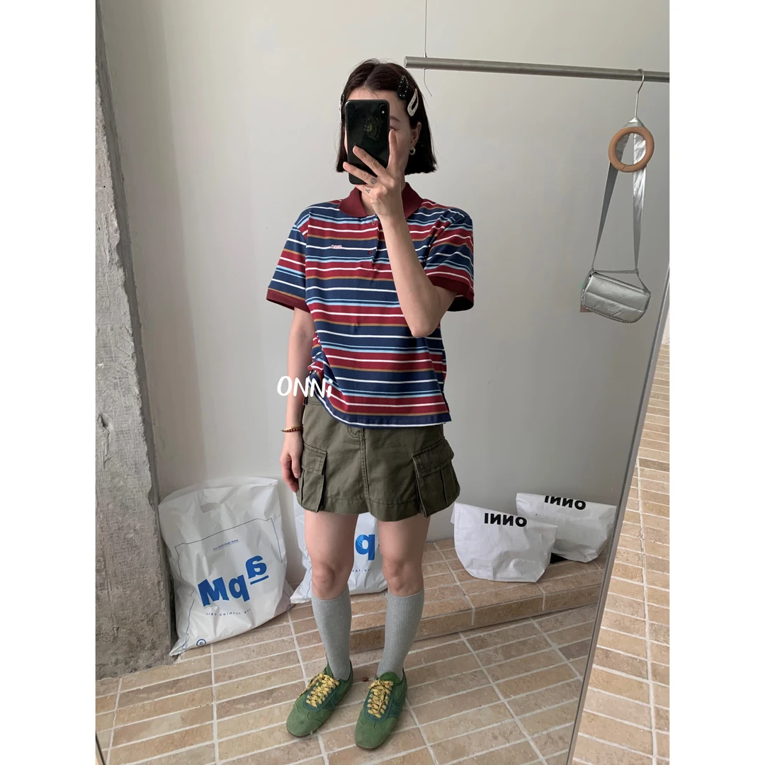 条纹Polo短袖miu系复古T美式棕蓝条纹设计感翻领上衣爆款1348