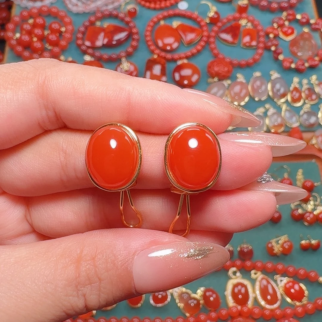 南红玛瑙银S925镶嵌耳夹高货