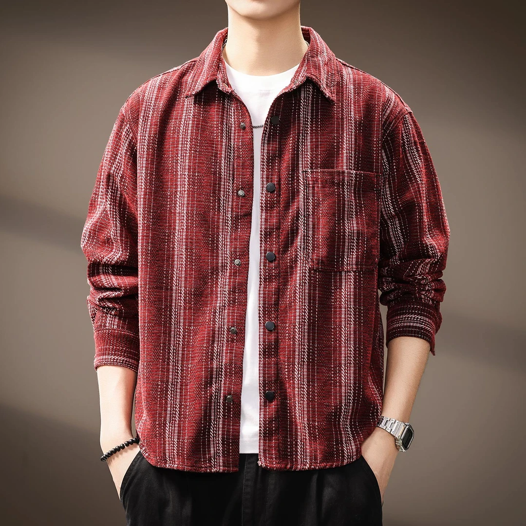 高端雪尼尔条纹提花长袖衬衫男2025秋季新款日系复古纹理休闲外套