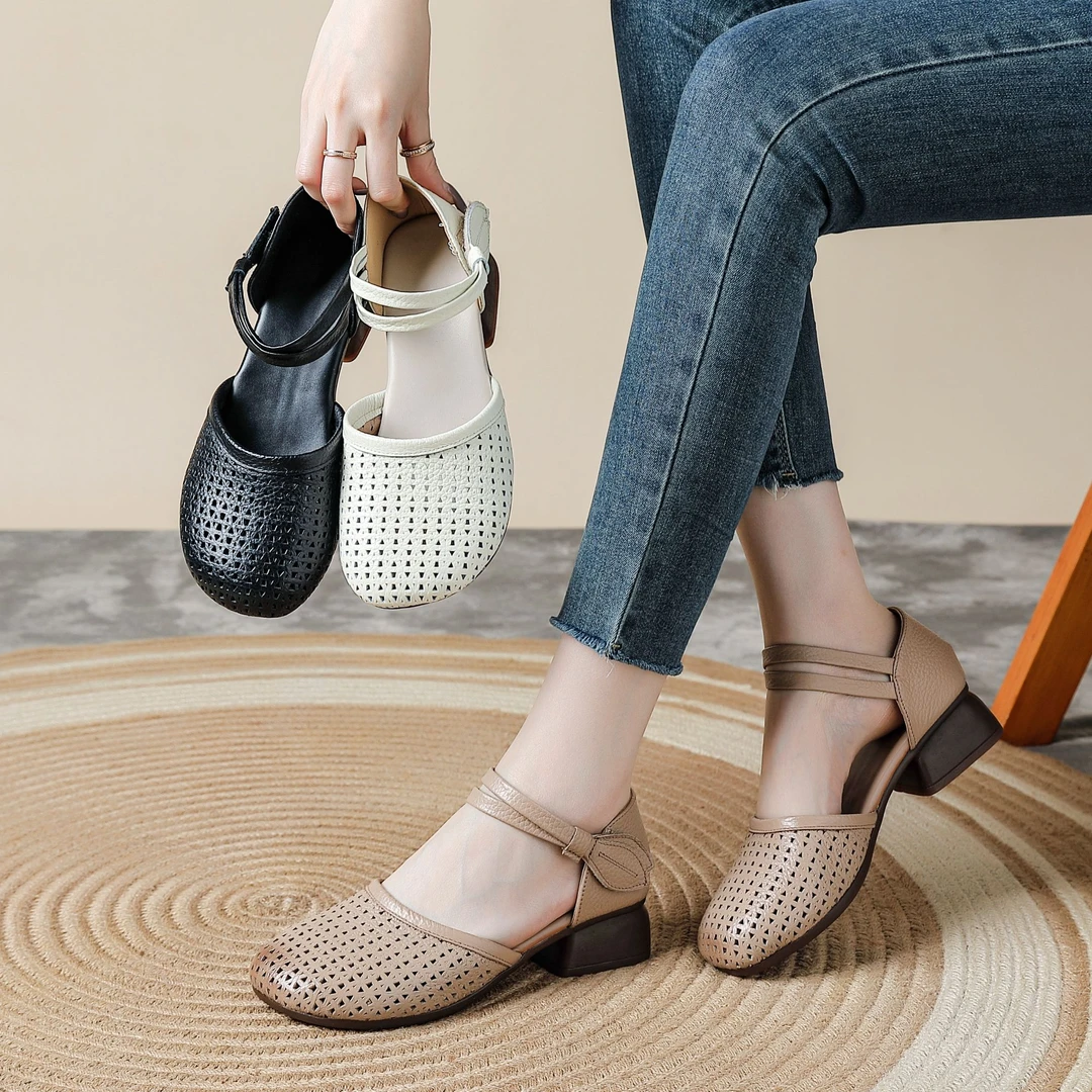 夏季新款凉鞋真皮粗跟镂空鞋休闲手工玛丽珍女鞋透气防滑洞洞鞋