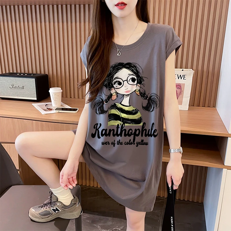 少女风卡通纯棉无袖T恤裙女夏2025爆款宽松中长款设计感背心上衣