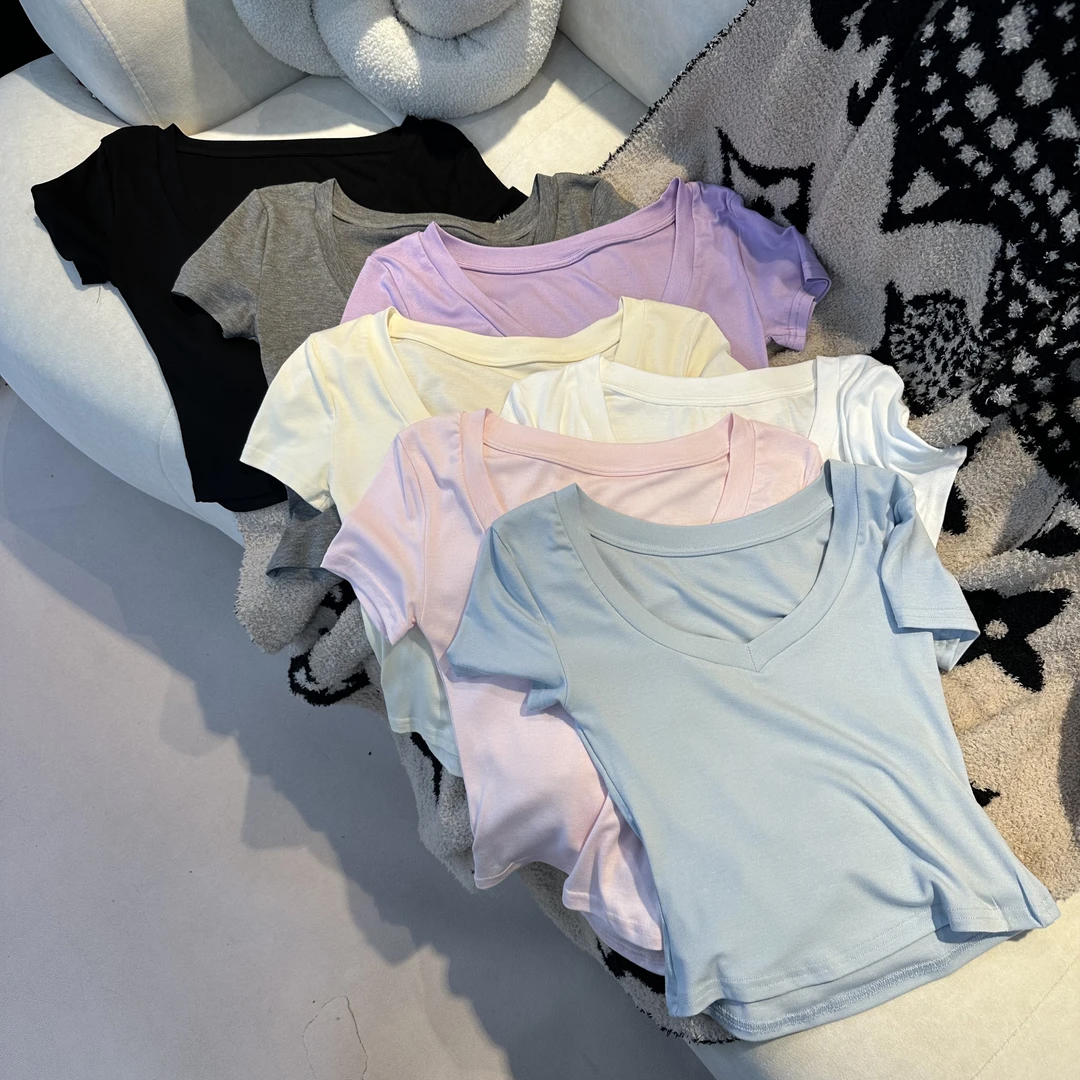【蓉蓉私服】XS2119纯欲高级感v领纯色显瘦性感短袖t恤