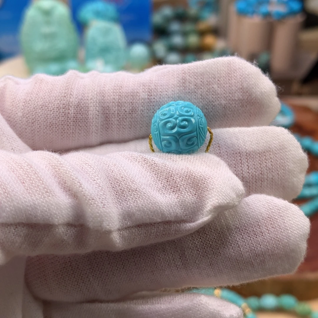 绿松石未镶嵌珠宝奇石高瓷蓝回纹圆珠12.4mm