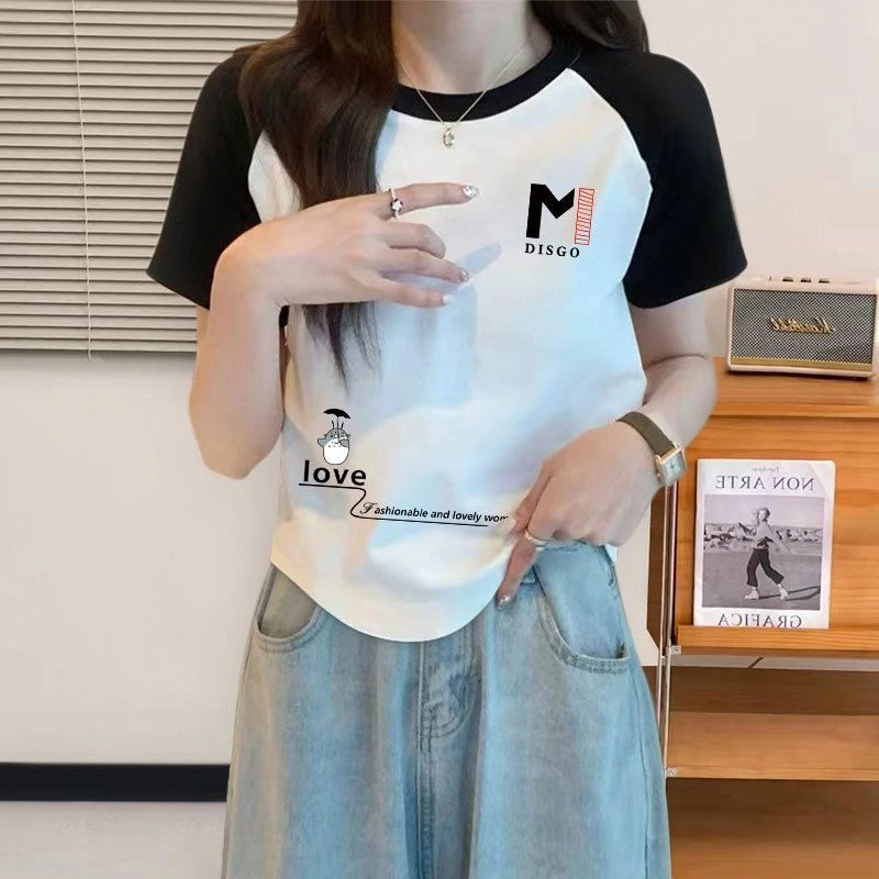 夏季新款设计感拼色短袖T恤女小众别致短款减龄显瘦上衣棉