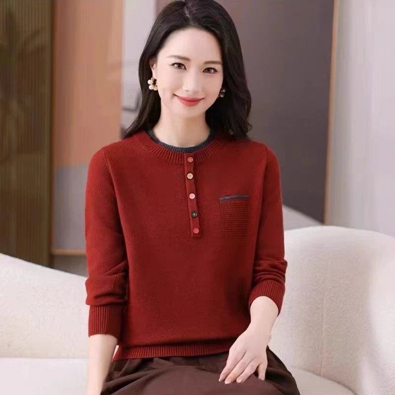 2025新款春秋假两件假口袋时尚针织打底衫女洋气宽松内搭女装毛衣