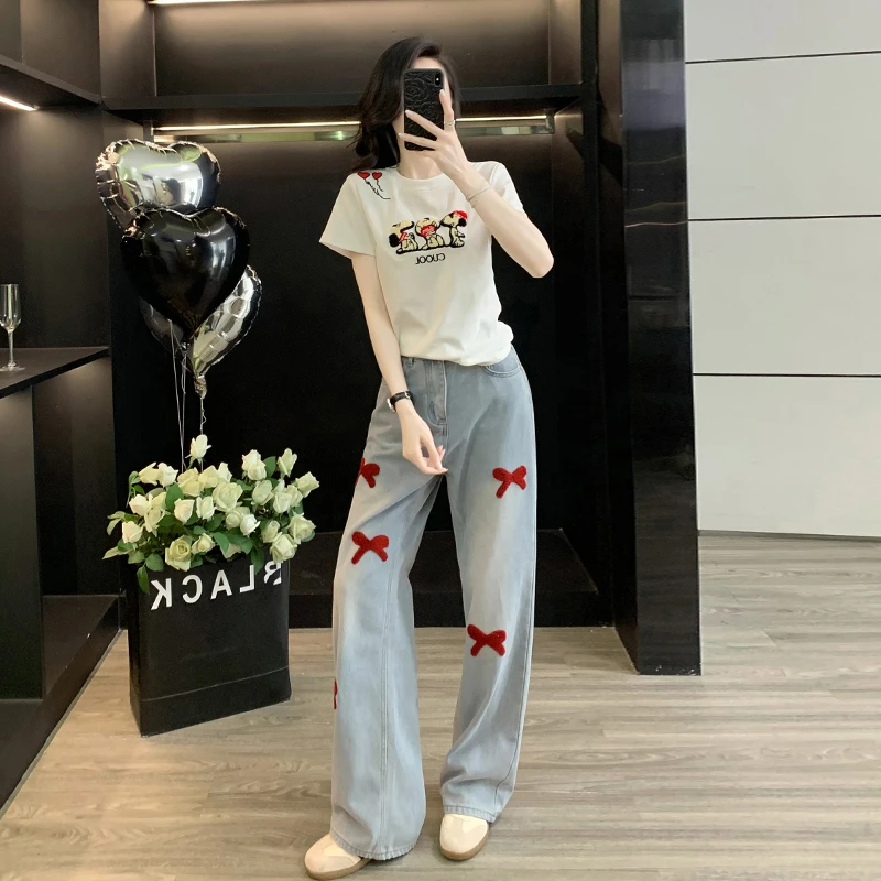 新款网红刺绣2025新款韩版风正肩短袖T恤女款时尚百搭两件套套装