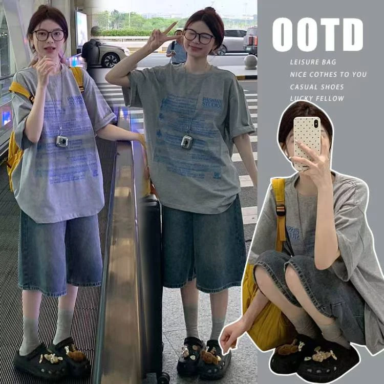 孕妇装套装灰色慵懒风松弛时尚气质设计印花T恤上衣＋可调节牛仔