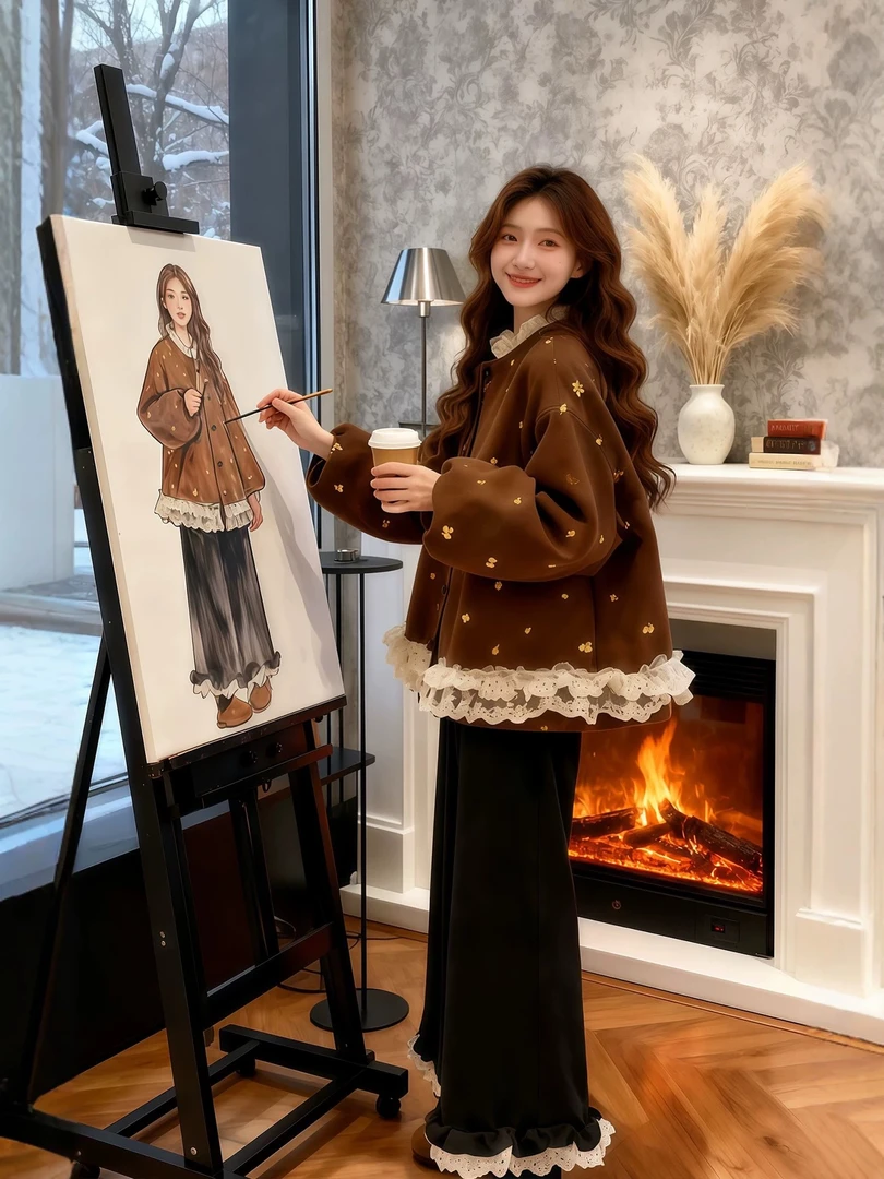 冬装穿搭一整套大码胖mm蕾丝毛呢外套阔腿裤复古时尚套装9997