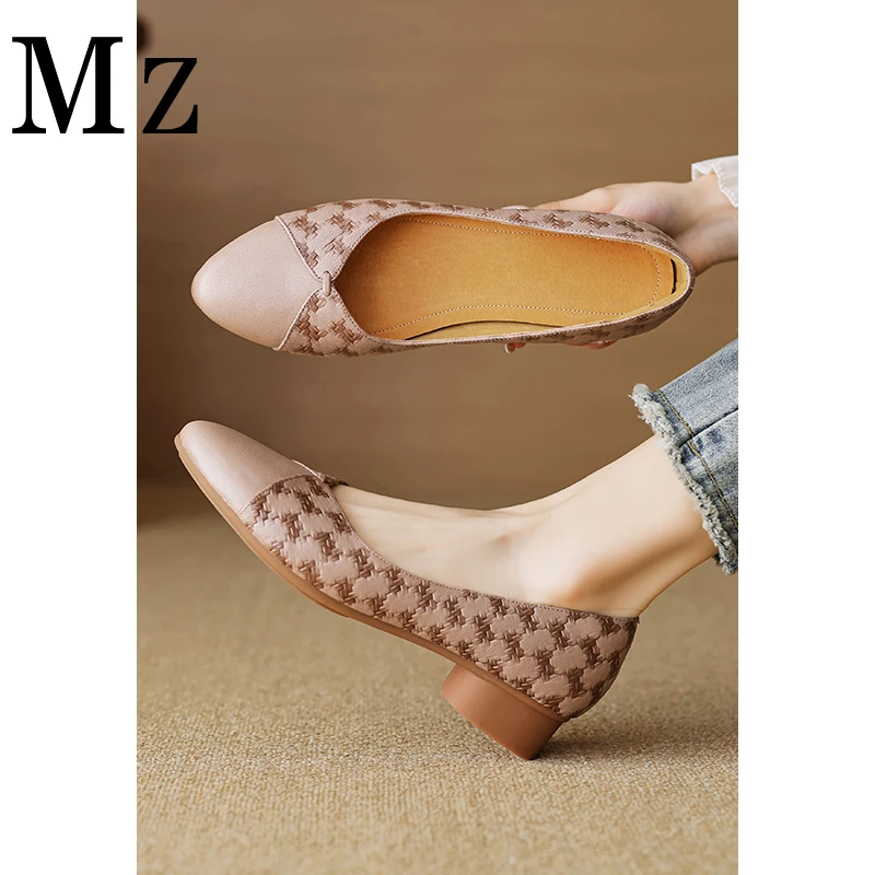 Mr.Zheng/4.5cm/法式复古圆头压花拼色浅口单鞋百搭粗跟奶奶鞋女