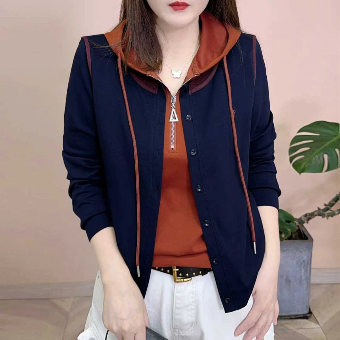 2025秋季新品时尚百搭修身显瘦假两件连帽卫衣女士长袖上衣8181