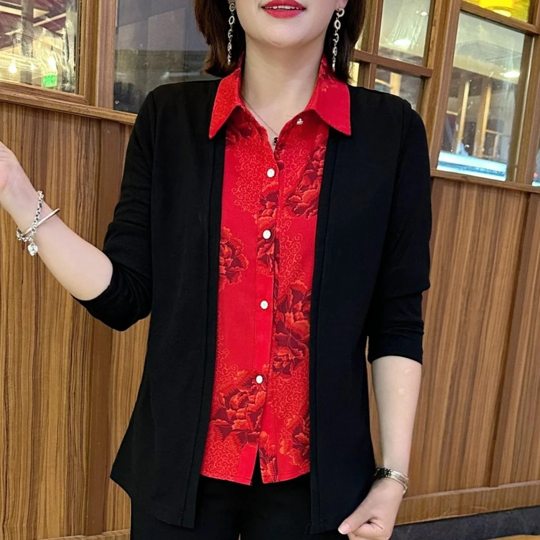 大码加宽假两件妈妈装2025新款民族风洋气长袖防晒女士气质上衣女