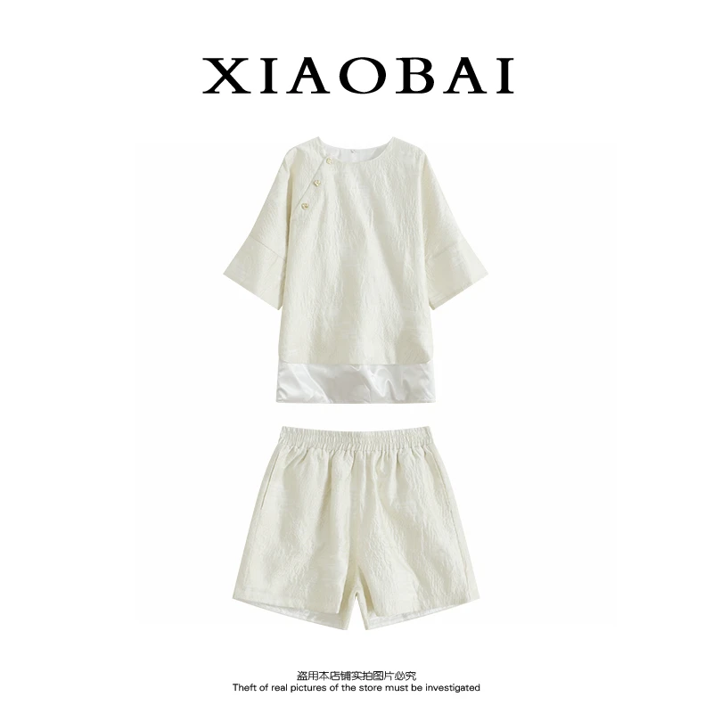 XIAOBAI 纯色薄款短袖两件套圆领套头斜襟夏季慵懒风女士时尚套装