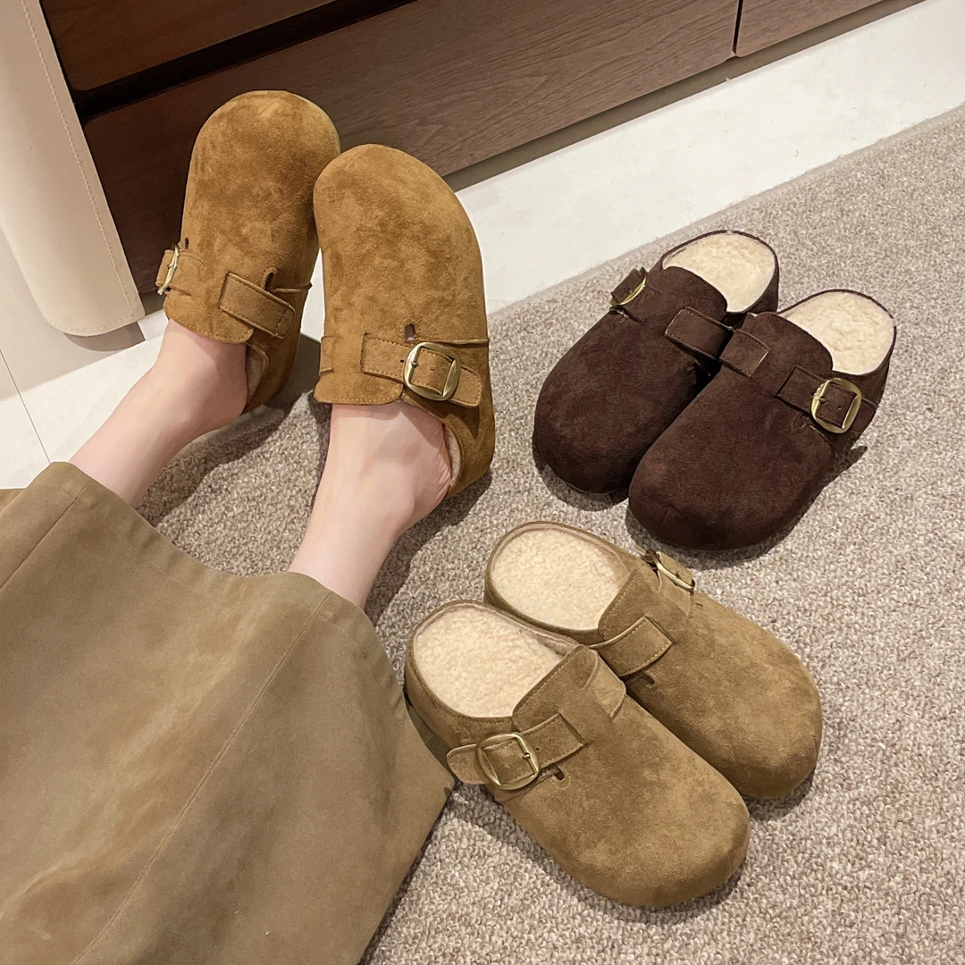 内增高加绒勃肯鞋半拖鞋女2025新款秋冬复古一脚蹬女鞋厚底包头拖