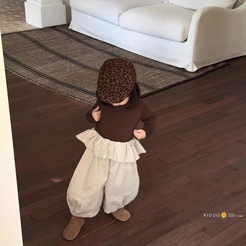 童装女童超好看荷叶边裤子秋季中小童宝宝花边棉九分弯刀裤秋装