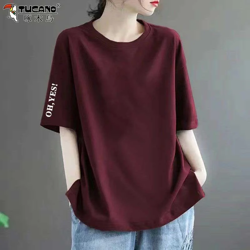 啄木鸟纯棉短袖洋气休闲装大码高级纯色T恤上衣2025爆款女士时尚