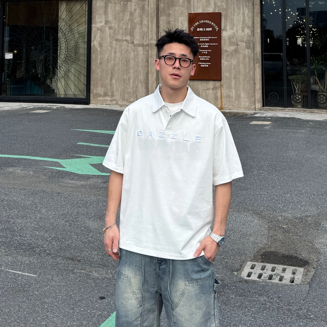 AAl2025夏季Polo衫短袖美式日系翻领夏季宽松刺绣ins纯色25540