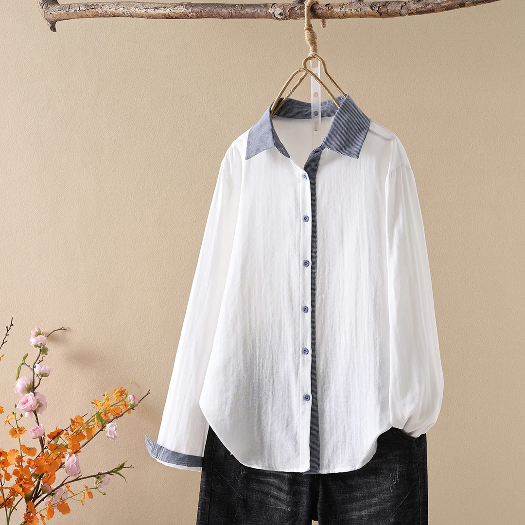时尚设计感小众拼接千鸟格撞色白衬衫上衣纯棉2025春季新款女衬衣